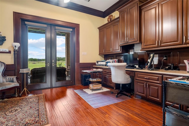 2750 Fm 563, Anahuac, TX 77514 - office space with built in desk, french doors, a wainscoted wall, wood finished floors, and ornamental molding