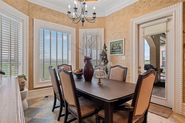 2750 Fm 563, Anahuac, TX 77514 - dining area featuring crown molding, a chandelier, and light stone finish flooring