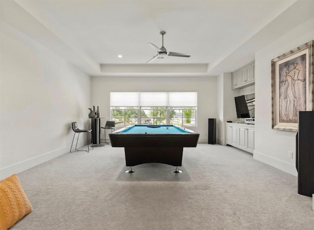 7526 Janak Dr, Houston, TX 77055 - recreation room with a ceiling fan, a raised ceiling, light colored carpet, and pool table
