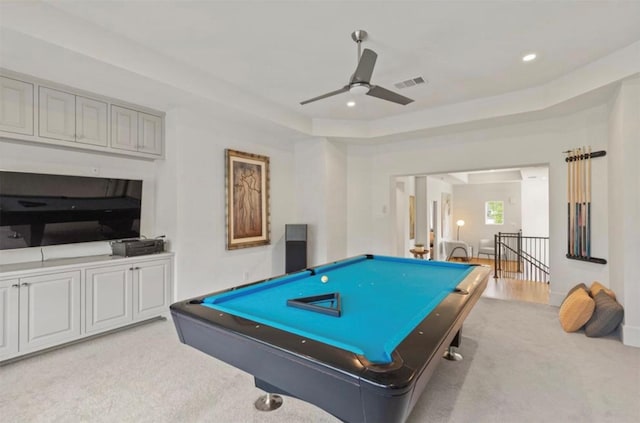 7526 Janak Dr, Houston, TX 77055 - game room featuring light carpet, a ceiling fan, billiards table, a raised ceiling, and recessed lighting