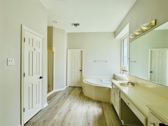 5403 Emerald Pointe Ln, Sugar Land, TX 77479 - bathroom with wood finished floors, a bath, vanity, and a stall shower