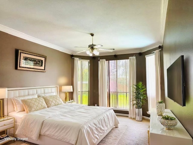 5403 Emerald Pointe Ln, Sugar Land, TX 77479 - bedroom featuring ornamental molding, light colored carpet, and a ceiling fan
