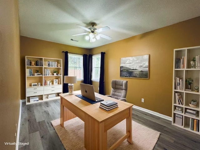 5403 Emerald Pointe Ln, Sugar Land, TX 77479 - office space with a ceiling fan, wood finished floors, and a textured ceiling