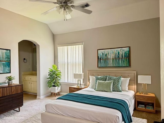 5403 Emerald Pointe Ln, Sugar Land, TX 77479 - bedroom featuring arched walkways, vaulted ceiling, ensuite bathroom, and ceiling fan
