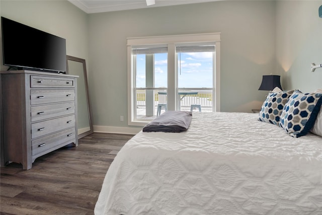 1301 Lagoon Dr, Crystal Beach, TX 77650 - bedroom with dark wood-style floors and ornamental molding