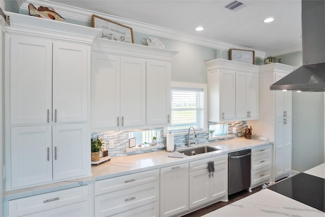 1301 Lagoon Dr, Crystal Beach, TX 77650 - kitchen featuring stainless steel dishwasher, range hood, white cabinets, ornamental molding, and decorative backsplash