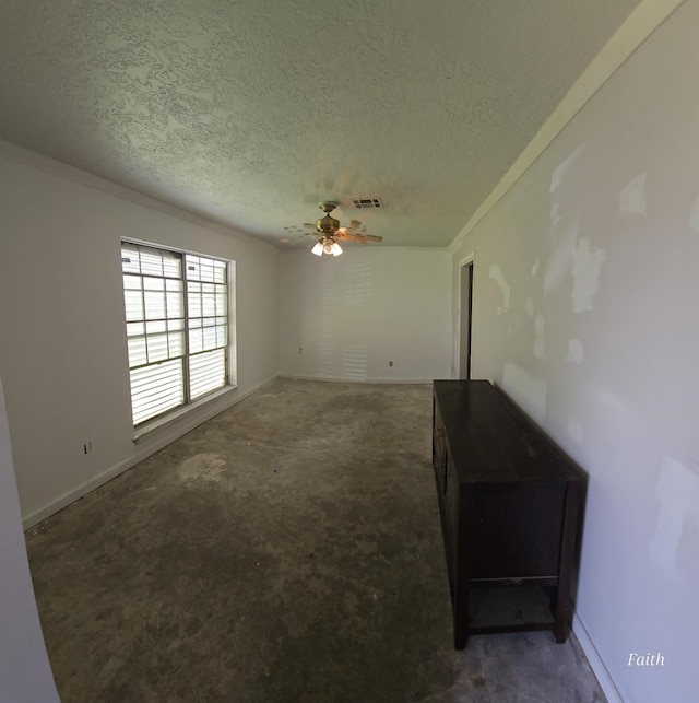 2714 6th Ave N, Texas City, TX 77590 - unfurnished living room featuring a textured ceiling, a ceiling fan, and ornamental molding
