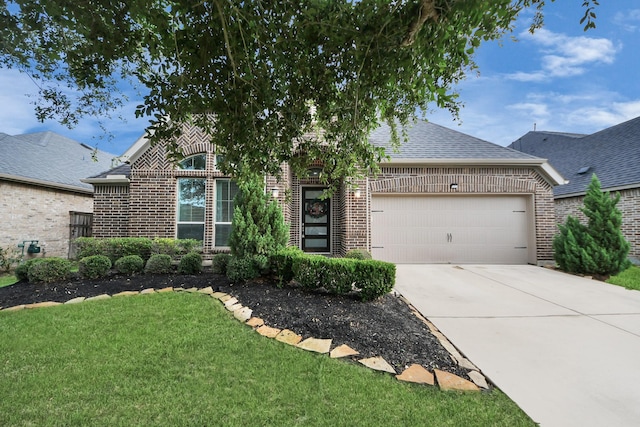 28430 Sycamore Falls Ln, Fulshear, TX 77441 - view of front of property with brick siding, an attached garage, a shingled roof, a front lawn, and driveway