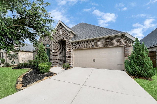 28430 Sycamore Falls Ln, Fulshear, TX 77441 - french country style house featuring brick siding, a garage, driveway, a shingled roof, and a front yard