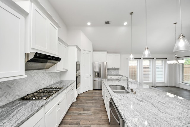 28430 Sycamore Falls Ln, Fulshear, TX 77441 - kitchen with appliances with stainless steel finishes, under cabinet range hood, white cabinetry, dark wood-type flooring, and vaulted ceiling