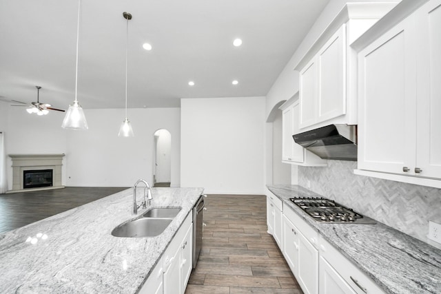 28430 Sycamore Falls Ln, Fulshear, TX 77441 - kitchen featuring appliances with stainless steel finishes, ceiling fan, exhaust hood, dark wood-type flooring, and backsplash