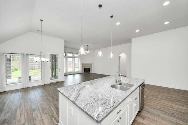 28430 Sycamore Falls Ln, Fulshear, TX 77441 - kitchen with dishwasher, wood finished floors, a fireplace, a ceiling fan, and open floor plan
