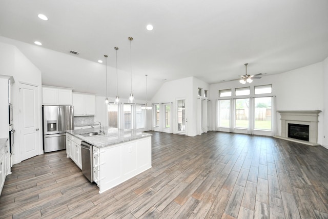 28430 Sycamore Falls Ln, Fulshear, TX 77441 - kitchen featuring stainless steel appliances, open floor plan, a ceiling fan, a glass covered fireplace, and wood finished floors