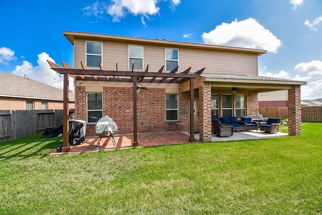 4302 Lisboa Cir, Katy, TX 77493 - rear view of property with outdoor lounge area, a pergola, a fenced backyard, and brick siding
