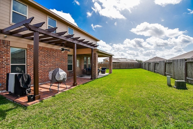 4302 Lisboa Cir, Katy, TX 77493 - fenced backyard featuring a ceiling fan, a pergola, and a patio