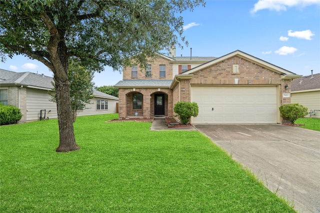 29418 Legends Hill Dr, Spring, TX 77386 - traditional home with driveway, brick siding, a garage, a front lawn, and a shingled roof