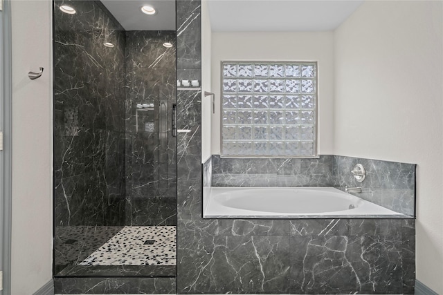 29418 Legends Hill Dr, Spring, TX 77386 - full bath featuring a bath, a marble finish shower, and recessed lighting