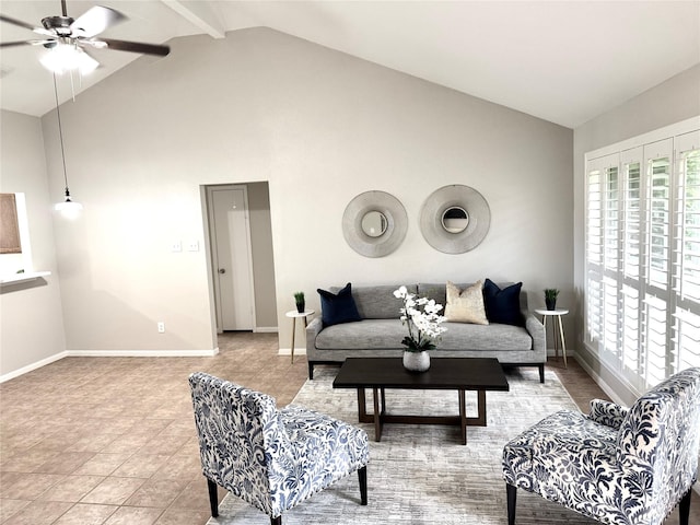 10934 Covered Bridge St, Houston, TX 77075 - living area featuring a ceiling fan, light tile patterned flooring, beamed ceiling, and high vaulted ceiling