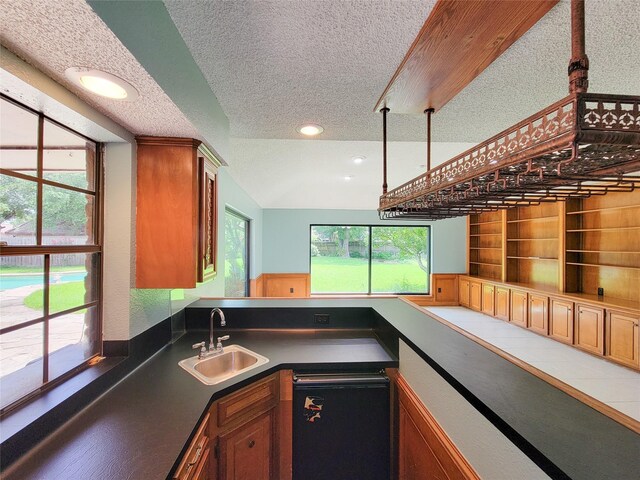 3 Thunderbird Cir, Baytown, TX 77521 - kitchen with a textured ceiling, dark countertops, brown cabinetry, recessed lighting, and fridge