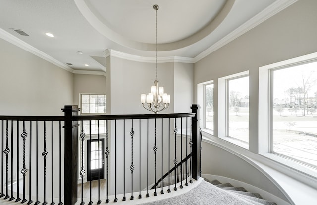 12611 Faded Sky Ct, Cypress, TX 77433 - staircase with a chandelier, recessed lighting, and ornamental molding