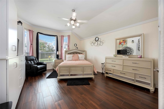 29903 Tallow Grove Ln, Brookshire, TX 77423 - bedroom with ornamental molding, dark wood-type flooring, lofted ceiling, and ceiling fan