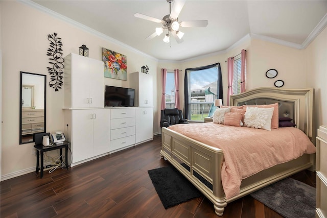29903 Tallow Grove Ln, Brookshire, TX 77423 - bedroom with dark wood-type flooring, crown molding, access to exterior, and ceiling fan