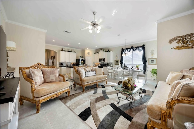 29903 Tallow Grove Ln, Brookshire, TX 77423 - living room featuring arched walkways, a ceiling fan, crown molding, light tile patterned flooring, and recessed lighting