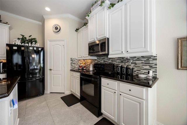 29903 Tallow Grove Ln, Brookshire, TX 77423 - kitchen featuring black appliances, decorative backsplash, white cabinetry, ornamental molding, and light tile patterned flooring