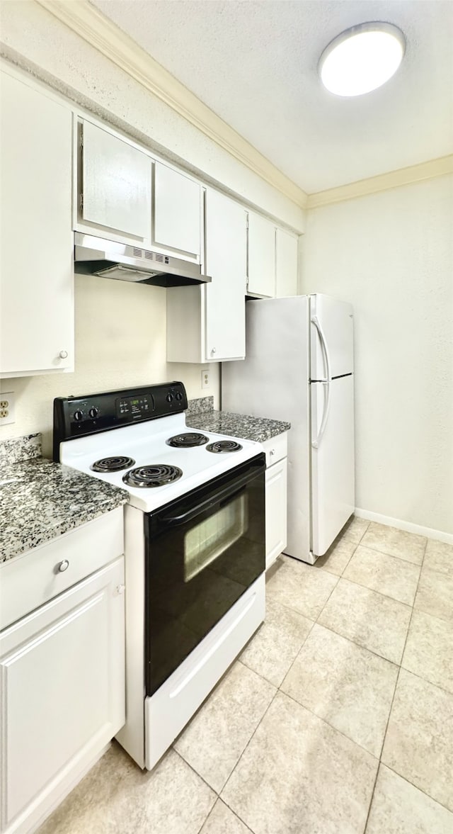 7900 N Stadium Dr Unit 53, Houston, TX 77030 - kitchen with electric stove, crown molding, white cabinetry, light tile patterned flooring, and under cabinet range hood
