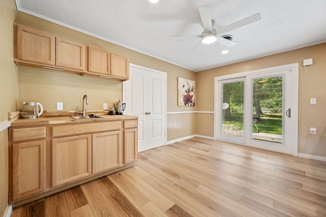 5254 State Highway 146 S, Livingston, TX 77351 - kitchen with light brown cabinets, light wood finished floors, a ceiling fan, butcher block counters, and crown molding