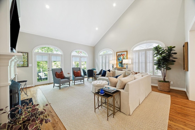 333 Sugarberry Cir, Houston, TX 77024 - living area featuring high vaulted ceiling, light wood finished floors, a fireplace, and recessed lighting