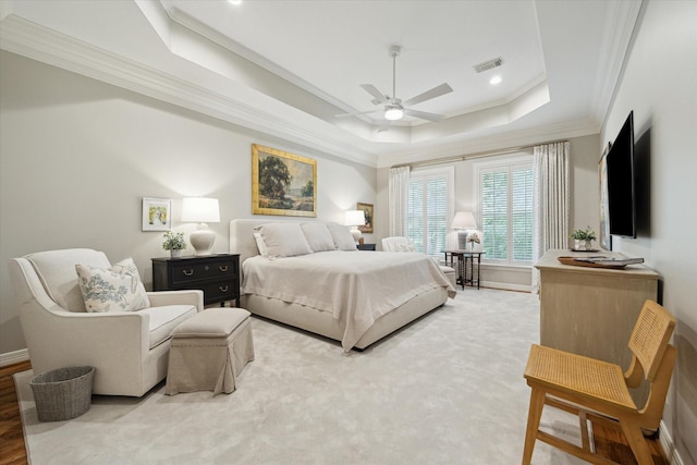 333 Sugarberry Cir, Houston, TX 77024 - bedroom featuring a raised ceiling, ornamental molding, recessed lighting, and a ceiling fan