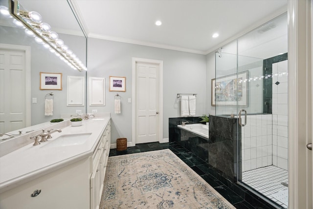 333 Sugarberry Cir, Houston, TX 77024 - full bathroom with a bath, double vanity, crown molding, a shower stall, and recessed lighting