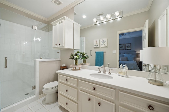 333 Sugarberry Cir, Houston, TX 77024 - full bath featuring crown molding, a stall shower, vanity, tile patterned flooring, and ensuite bathroom