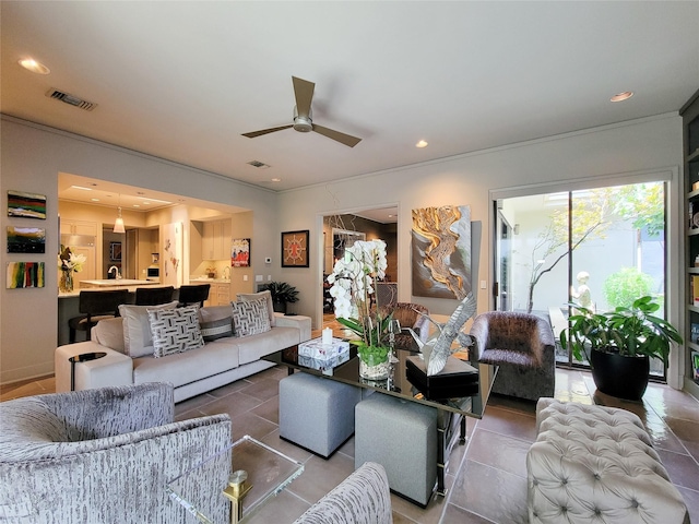 3124 Mid Ln, Houston, TX 77027 - living area with ceiling fan, tile patterned floors, and recessed lighting