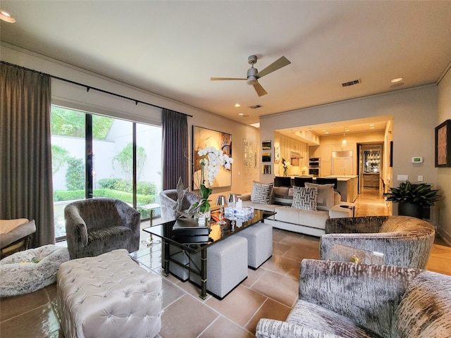 3124 Mid Ln, Houston, TX 77027 - living area with a ceiling fan, tile patterned flooring, and recessed lighting