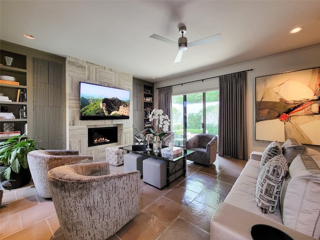 3124 Mid Ln, Houston, TX 77027 - living room featuring built in shelves, a large fireplace, and a ceiling fan