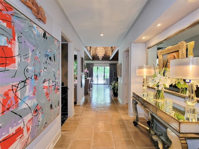 3124 Mid Ln, Houston, TX 77027 - hallway with a chandelier, recessed lighting, and tile patterned floors