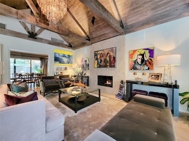 3124 Mid Ln, Houston, TX 77027 - living area with wooden ceiling, a chandelier, and a high end fireplace