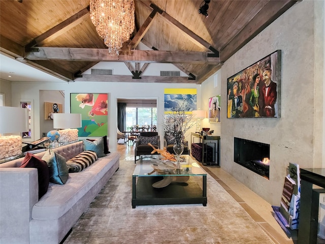 3124 Mid Ln, Houston, TX 77027 - living room featuring wooden ceiling, a lit fireplace, a chandelier, and tile patterned floors