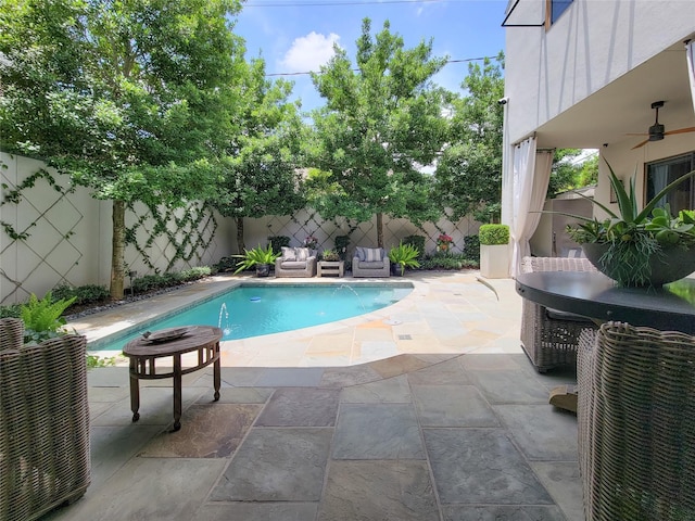 3124 Mid Ln, Houston, TX 77027 - view of swimming pool featuring a ceiling fan, a fenced backyard, and a patio
