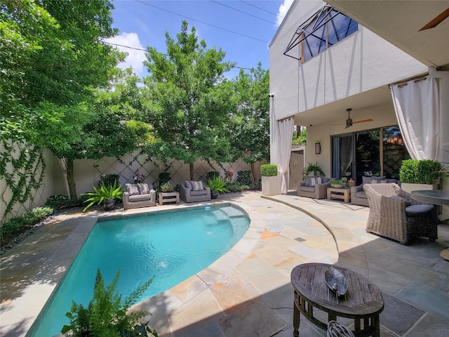 3124 Mid Ln, Houston, TX 77027 - view of pool featuring a ceiling fan, an outdoor living space, a fenced backyard, and a patio area