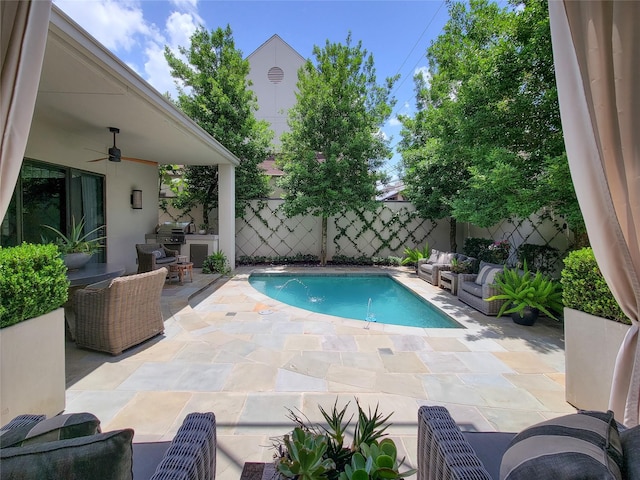 3124 Mid Ln, Houston, TX 77027 - view of swimming pool featuring a ceiling fan, a fenced backyard, outdoor lounge area, and a patio area