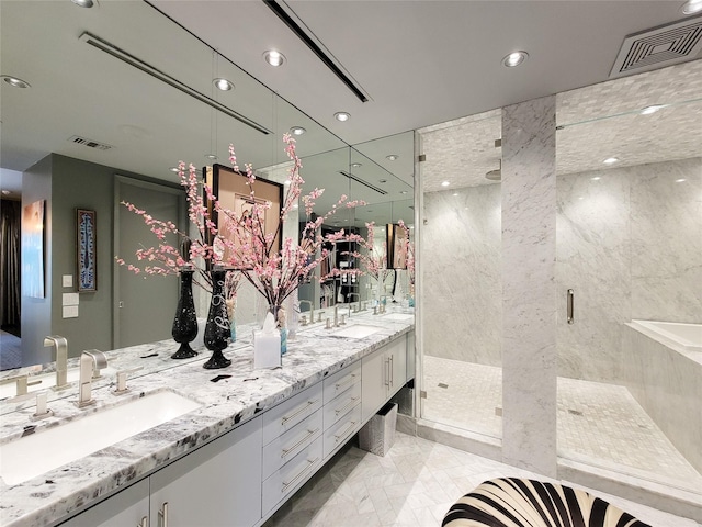 3124 Mid Ln, Houston, TX 77027 - bathroom featuring a stall shower, double vanity, marble finish flooring, a garden tub, and recessed lighting