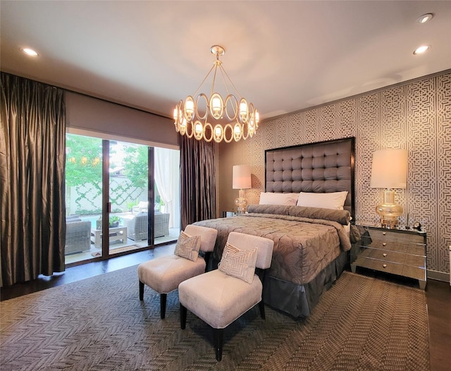 3124 Mid Ln, Houston, TX 77027 - bedroom featuring wood finished floors, access to exterior, recessed lighting, a chandelier, and wallpapered walls