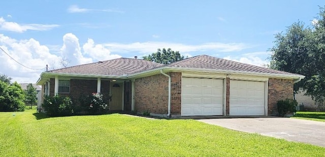 14027 Ambrose St, Houston, TX 77045 - ranch-style home with an attached garage, a front lawn, concrete driveway, and brick siding
