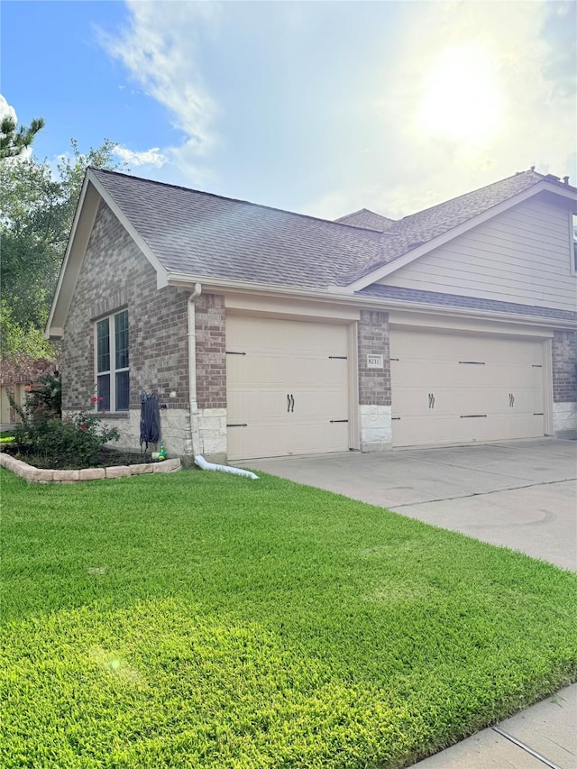 8231 Groveland Hills Dr, Cypress, TX 77433 - single story home with brick siding, an attached garage, a shingled roof, and a front lawn