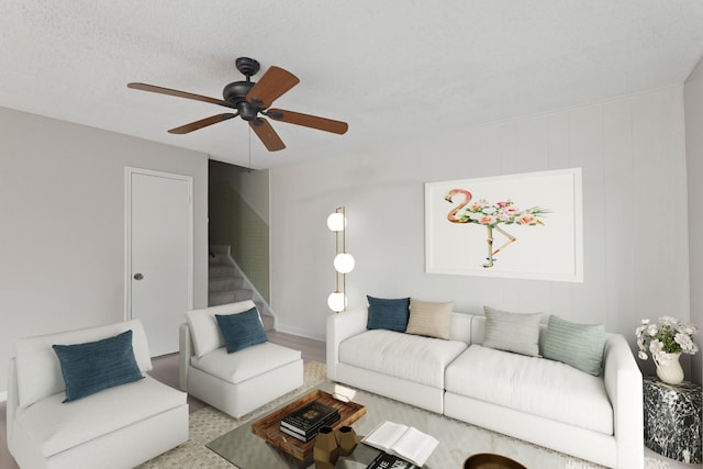 2212 Shadowdale Dr Unit 358, Houston, TX 77043 - living room featuring a ceiling fan, stairs, and wood finished floors