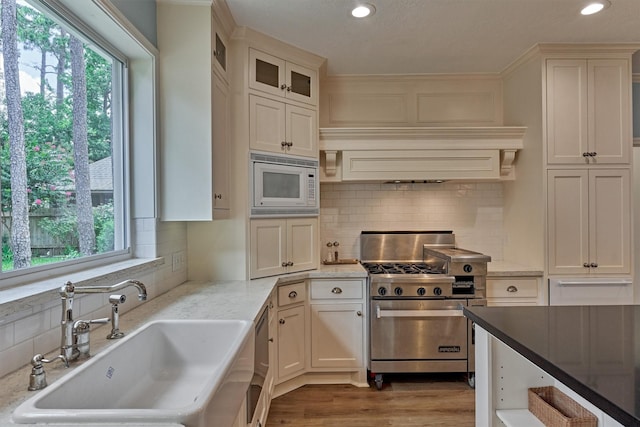 23119 Hampton Forest Ln, Spring, TX 77389 - kitchen featuring high end stove, white microwave, healthy amount of natural light, recessed lighting, and tasteful backsplash