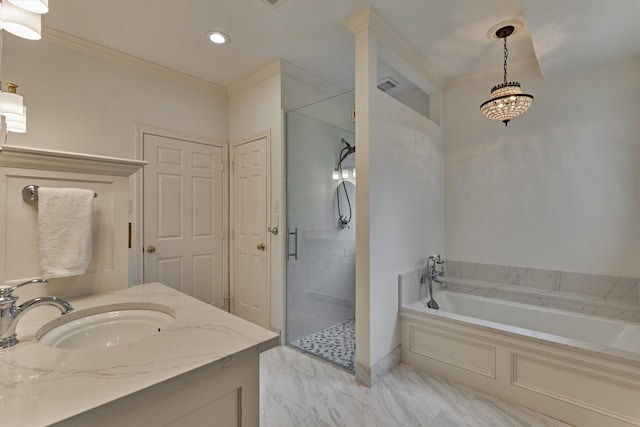 23119 Hampton Forest Ln, Spring, TX 77389 - bathroom with a shower stall, a garden tub, ornamental molding, marble look tiles, and recessed lighting